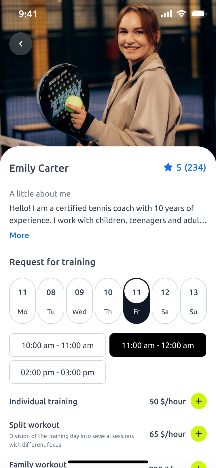 Coach profile β experience, bio, training packages and pricing